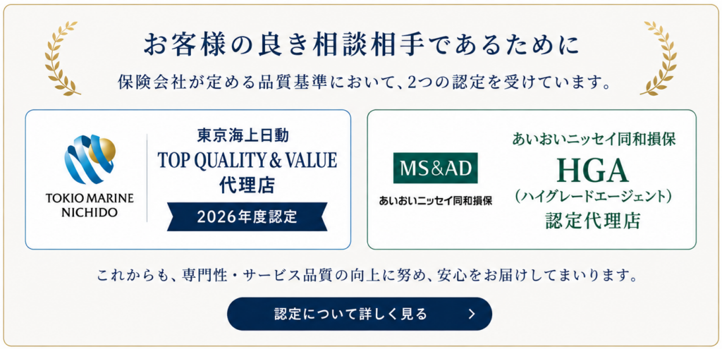 東京海上日動TOP QUALITY & VALUE代理店、あいおいニッセイ同和損保HGA認定代理店のご案内